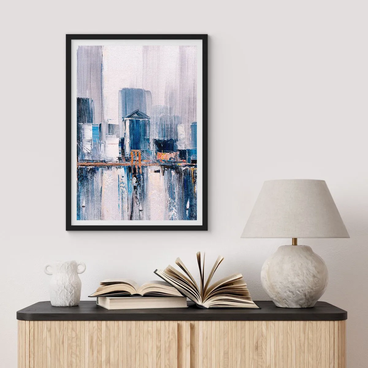 Póster en marco negro - Panorama abstracto de la ciudad en tonos azules y blancos - 50x70cm - Impresión neoyorquina - Decoración de pared moderna para salón y dormitorio ARTTOR