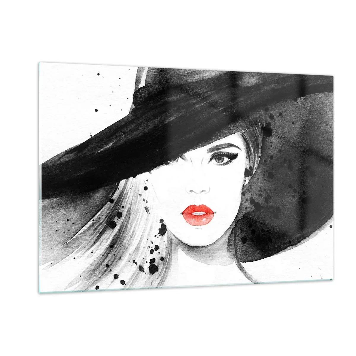 Cuadro sobre vidrio - Impresiones sobre Vidrio - Retrato de una mujer con sombrero negro y labios rojos. - 120x80cm - Dama de negro - Decoración de pared moderna para salón y dormitorio ARTTOR