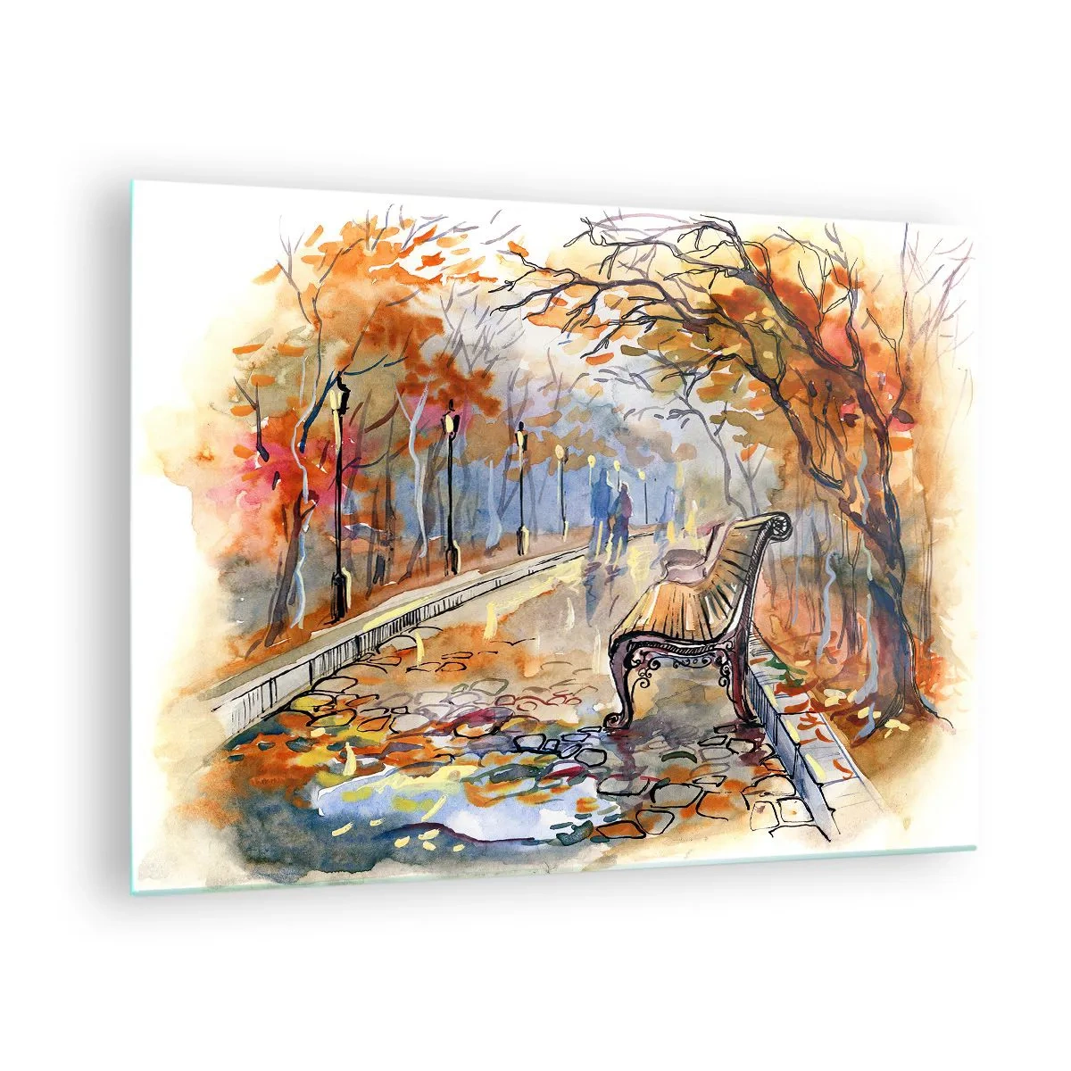 Cuadro sobre vidrio - Impresiones sobre Vidrio - Un callejón otoñal con un banco en estilo artístico de acuarela. - 70x50cm - Caminemos juntos hacia el otoño - Decoración de pared moderna para salón y dormitorio ARTTOR