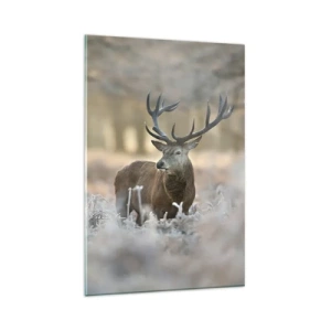 Cuadro sobre vidrio - Impresiones sobre Vidrio - Un ciervo en un claro helado en un bosque invernal con colores sutiles. - 80x120cm - Una mañana fresca - Decoración de pared moderna para salón y dormitorio ARTTOR