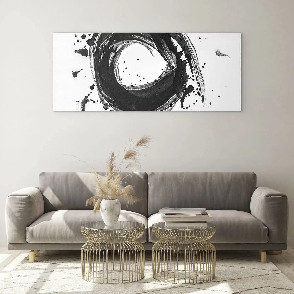 Cuadro sobre vidrio - Impresiones sobre Vidrio - Abstracción negra en forma de círculo sobre fondo blanco. - 140x50cm - El torbellino de la creación - Decoración de pared moderna para salón y dormitorio ARTTOR