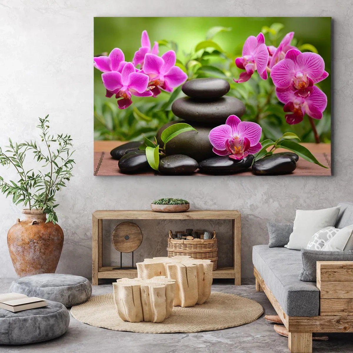 Cuadro sobre lienzo - Impresión de Imagen - Orquídeas rosas con piedras sobre un fondo verde. - 120x80cm - Una pirámide de paz - Decoración de pared moderna para salón y dormitorio ARTTOR