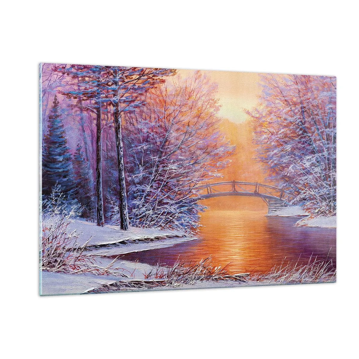Cuadro sobre vidrio - Impresiones sobre Vidrio - Paisaje invernal con un puente y árboles cubiertos de nieve al atardecer. - 120x80cm - Reunámonos aquí - Decoración de pared moderna para salón y dormitorio ARTTOR