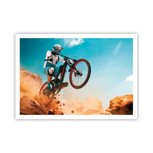 Póster - Un ciclista de montaña realiza un salto con un telón de fondo de rocas. - 100x70cm - Locura sobre dos ruedas - Decoración de pared moderna para salón y dormitorio ARTTOR