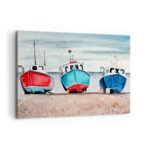 Cuadro sobre lienzo - Impresión de Imagen - Coloridos barcos de pesca en la orilla en un paisaje marino - 100x70cm - Listos para la pesca - Decoración de pared moderna para salón y dormitorio ARTTOR