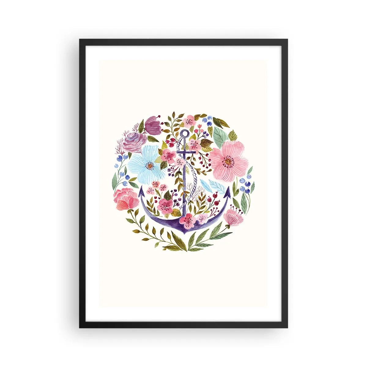 Póster en marco negro - Un ancla de acuarela rodeada de flores sobre un fondo claro. - 50x70cm - El sueño reparador de un marinero - Decoración de pared moderna para salón y dormitorio ARTTOR
