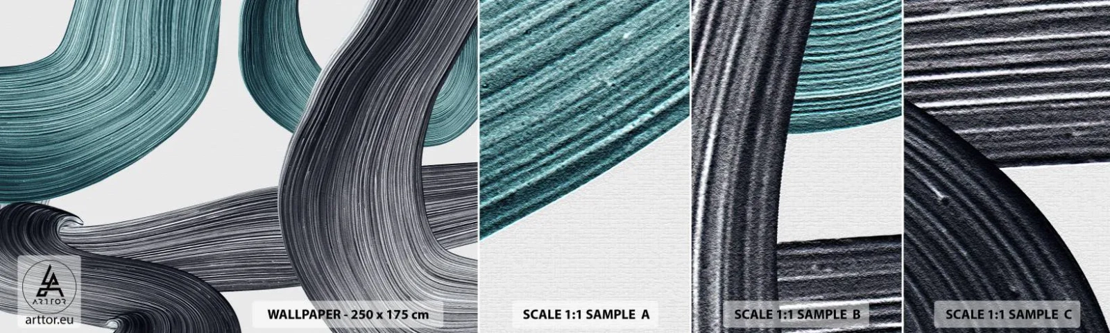 Muestra de fotomural autoadhesivo Deluxe Sticker - Senderos esmeralda y negro - Pintar, Cepillar, Minimalismo - 100x30 cm