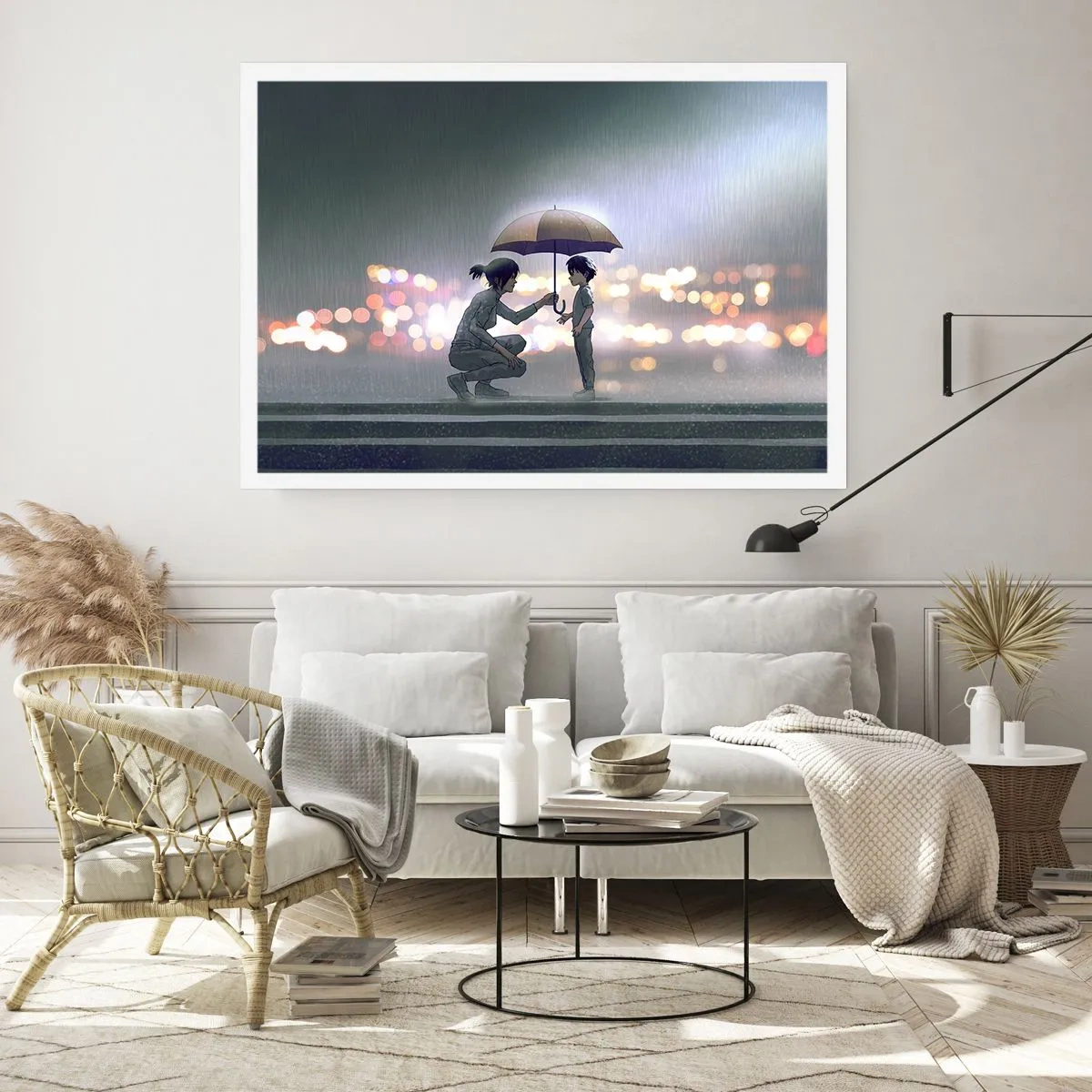 Póster - Una figura con un paraguas protegiendo a un niño contra el fondo de luces nocturnas. - 100x70cm - Y todo está bien - Decoración de pared moderna para salón y dormitorio ARTTOR