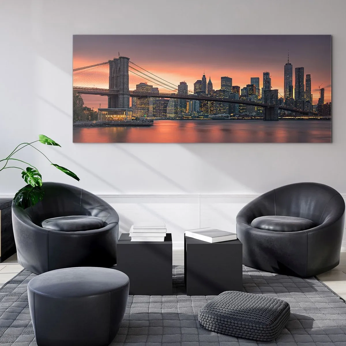 Cuadro sobre vidrio - Impresiones sobre Vidrio - Panorama nocturno de la ciudad con un puente y un cielo iluminado. - 140x50cm - Ahogado en el silencio lila - Decoración de pared moderna para salón y dormitorio ARTTOR