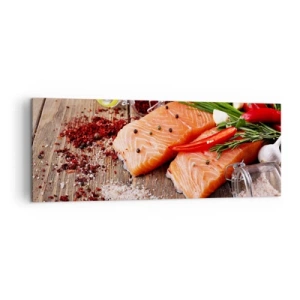 Cuadro sobre lienzo - Impresión de Imagen - Filetes de salmón con especias sobre fondo de madera. - 140x50cm - Una aventura noruega en la cocina - Decoración de pared moderna para salón y dormitorio ARTTOR