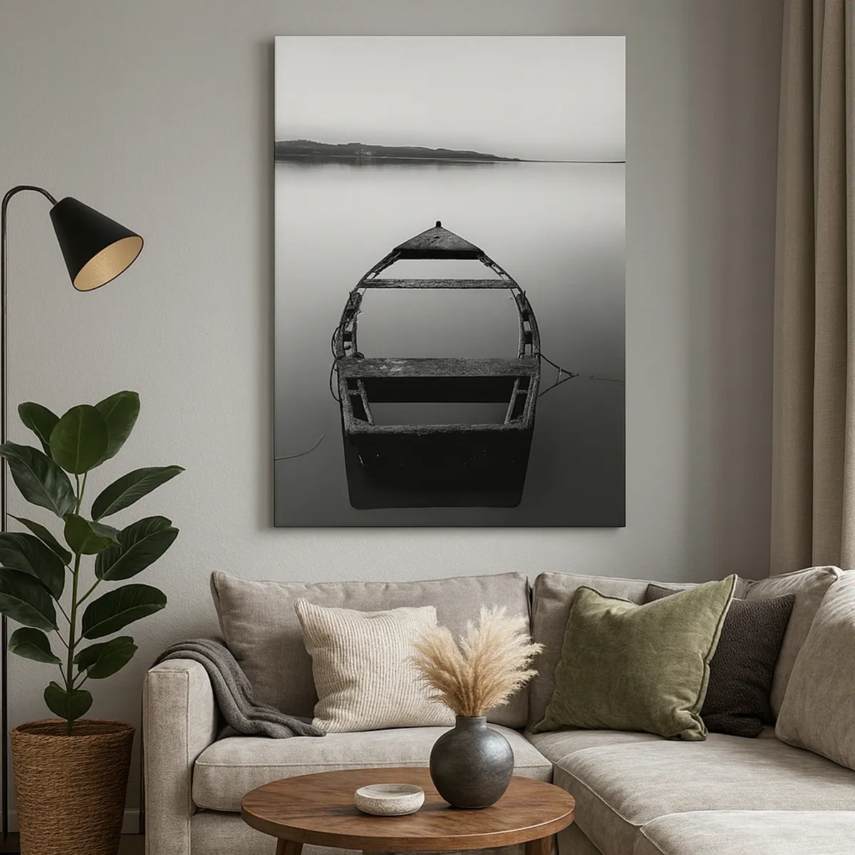 Cuadro sobre lienzo - Impresión de Imagen - Un barco solitario en un lago tranquilo en tonos blanco y negro. - 50x70cm - Anhelo y melancolía - Decoración de pared moderna para salón y dormitorio ARTTOR