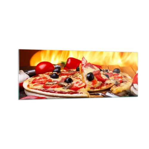 Cuadro sobre vidrio - Impresiones sobre Vidrio - Pizza con aceitunas, tomates y pimientos sobre un fondo de llamas - 140x50cm - Desde Italia con amor - Decoración de pared moderna para salón y dormitorio ARTTOR