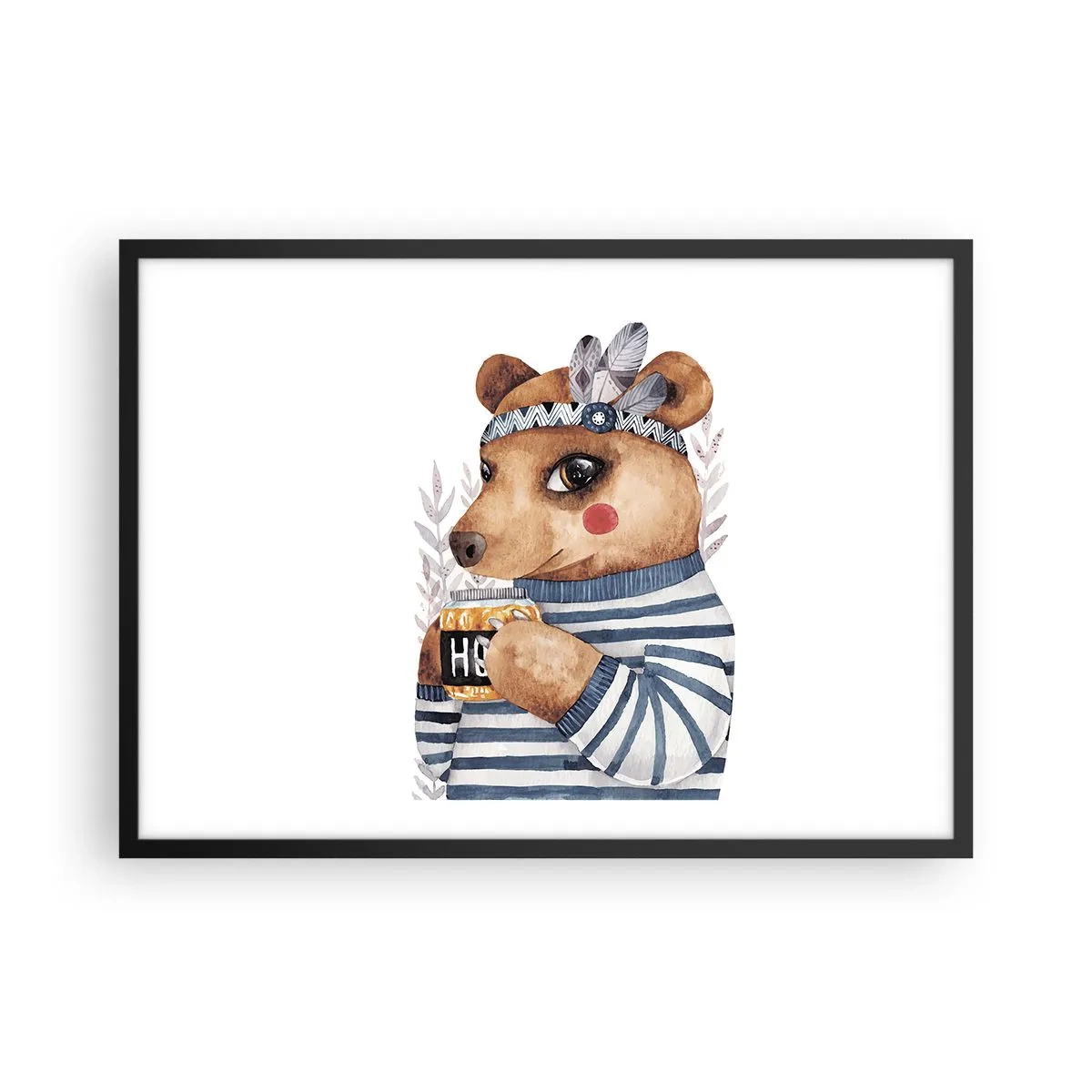 Póster en marco negro - Un osito de peluche con un suéter de rayas y una taza de miel. - 70x50cm - Dulce oso - Decoración de pared moderna para salón y dormitorio ARTTOR
