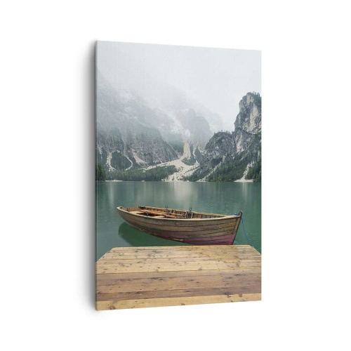Cuadro sobre lienzo - Impresión de Imagen - Un barco de madera en un muelle en un lago rodeado de montañas. - 70x100cm - Paisaje inolvidable - Decoración de pared moderna para salón y dormitorio ARTTOR