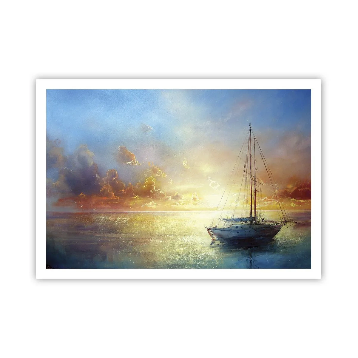 Póster - Un yate en un mar tranquilo al atardecer. - 100x70cm - En una bahía dorada - Decoración de pared moderna para salón y dormitorio ARTTOR