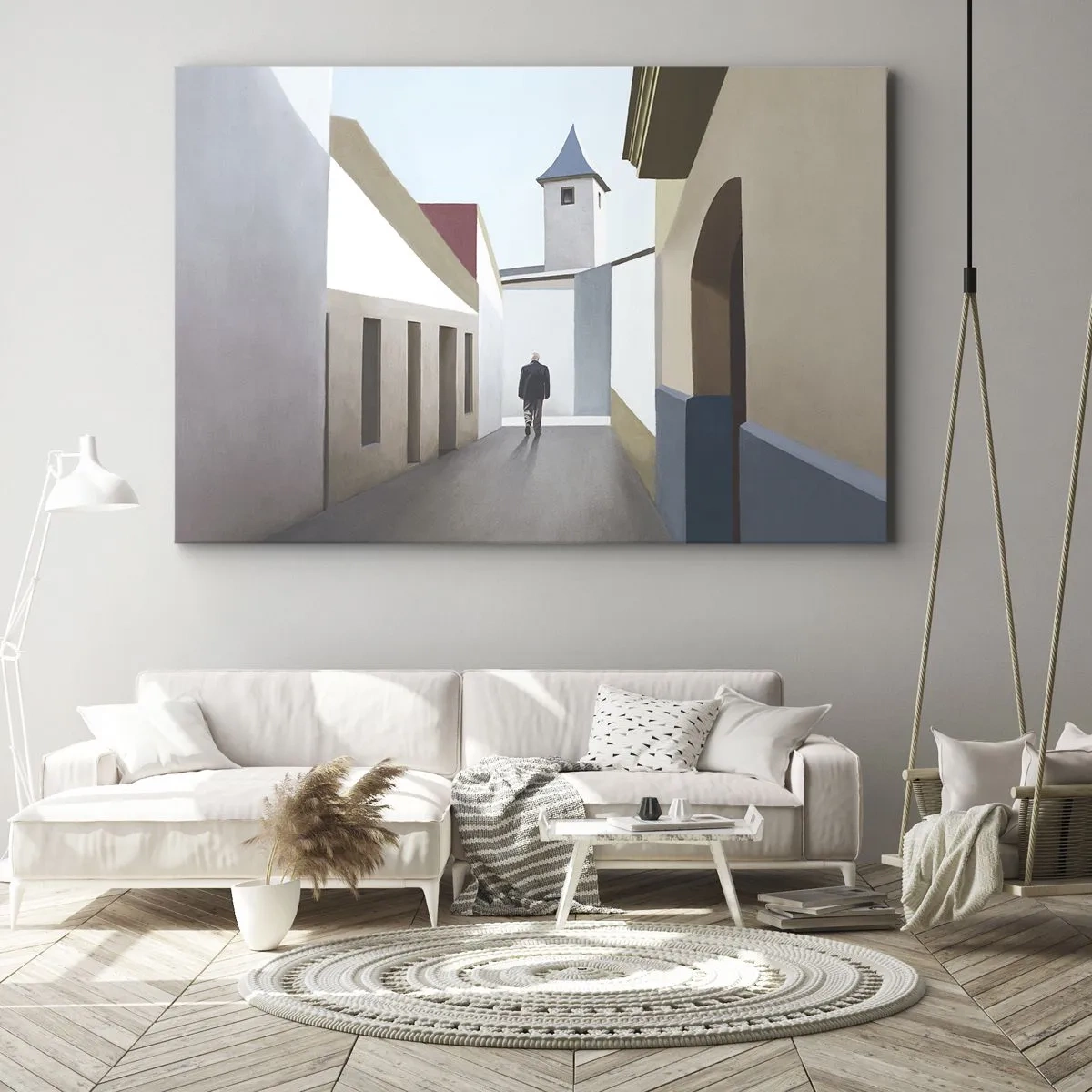 Cuadro sobre lienzo - Impresión de Imagen - Una calle minimalista con la silueta de un hombre al fondo. - 120x80cm - Paseo soleado - Decoración de pared moderna para salón y dormitorio ARTTOR