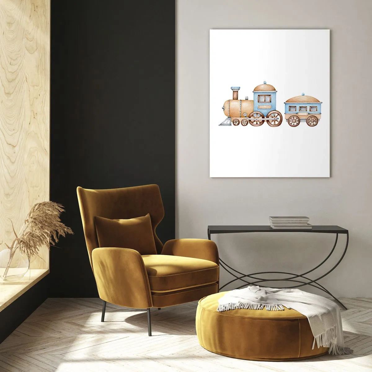 Cuadro sobre vidrio - Impresiones sobre Vidrio - Ilustración de un tren de vapor en tonos azules y beige sobre un fondo blanco. - 50x70cm - De pie en la estación... - Decoración de pared moderna para salón y dormitorio ARTTOR