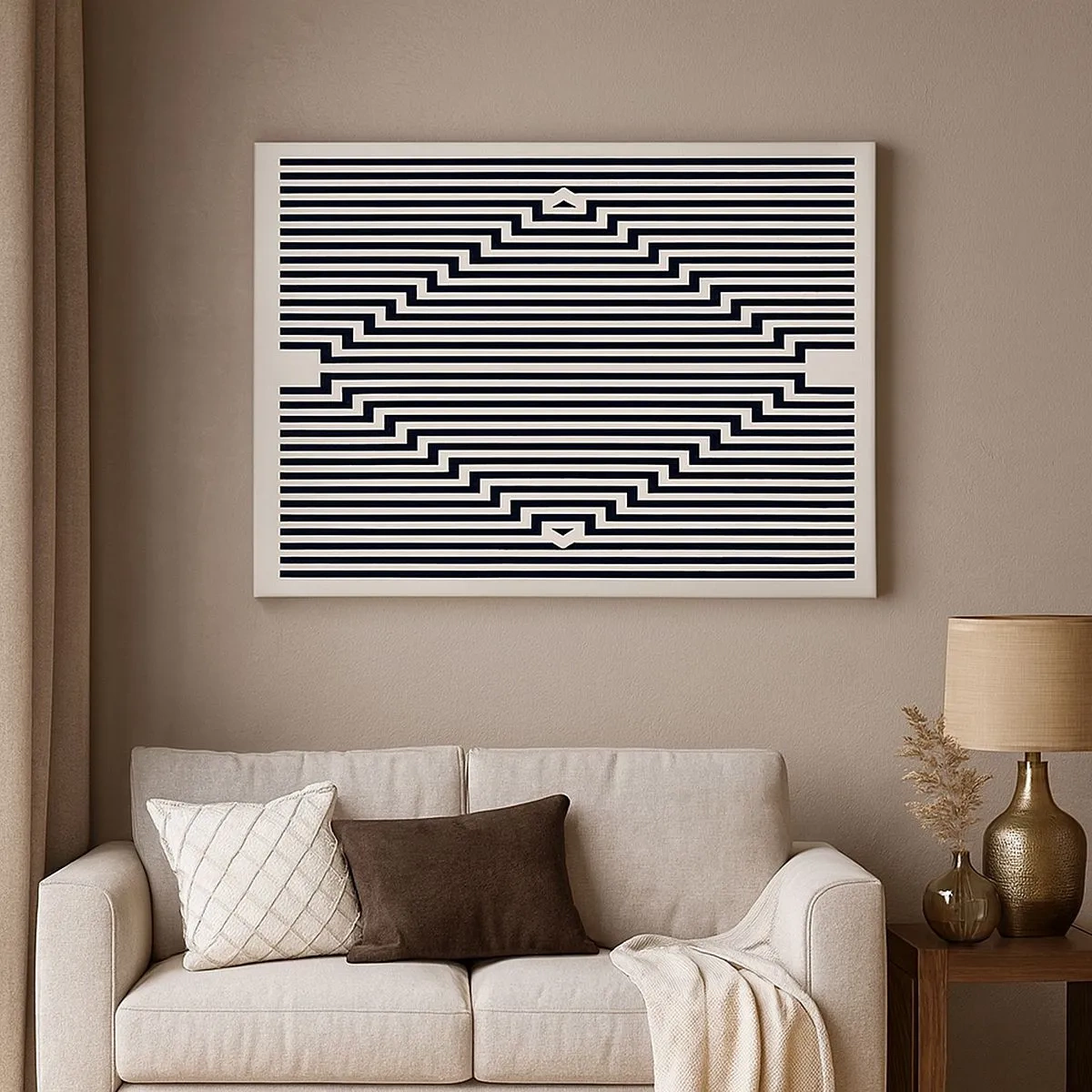 Cuadro sobre lienzo - Impresión de Imagen - Líneas blancas y negras que crean un efecto de ilusión geométrica. - 70x50cm - Ilusión geométrica - Decoración de pared moderna para salón y dormitorio ARTTOR