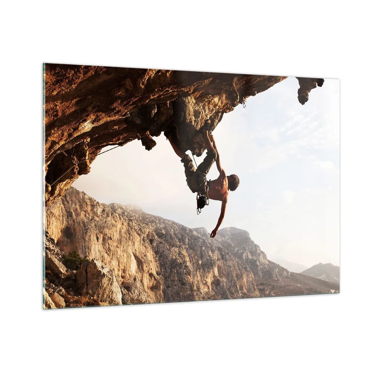 Cuadro sobre vidrio - Impresiones sobre Vidrio - Escalando una roca vertical en un paisaje montañoso - 100x70cm - Un mundo en la roca - Decoración de pared moderna para salón y dormitorio ARTTOR