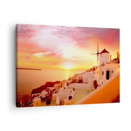 Cuadro sobre lienzo - Impresión de Imagen - Santorini al atardecer con un molino de viento - 70x50cm - Blanco y dorado - Decoración de pared moderna para salón y dormitorio ARTTOR