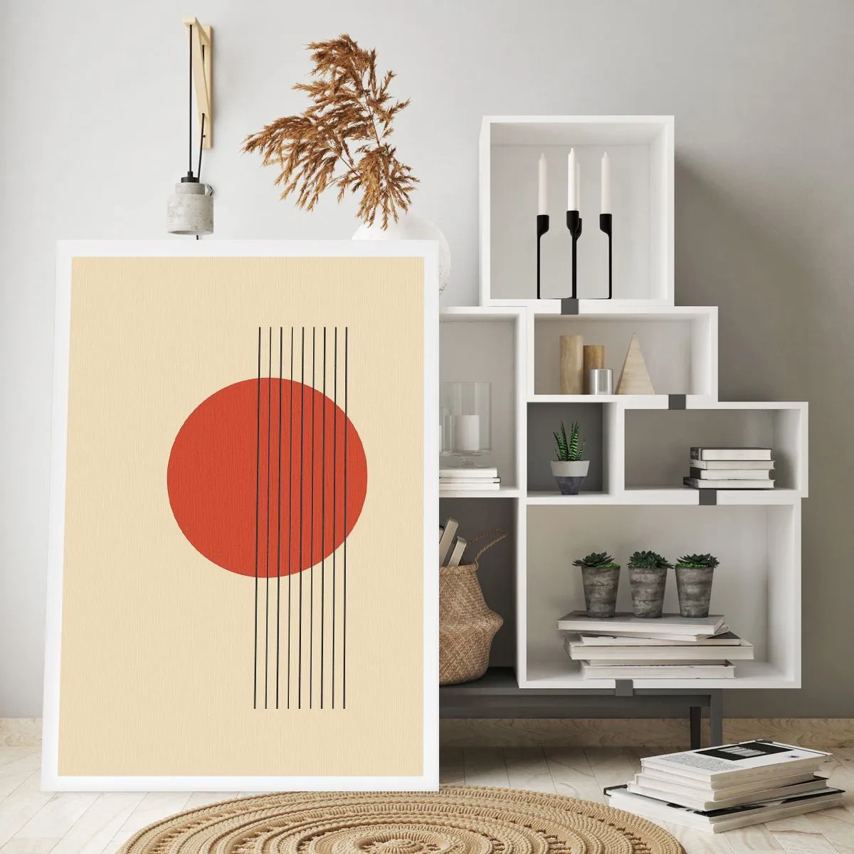 Póster - Composición geométrica con un círculo rojo. - 50x70cm - Cruzando el círculo - Decoración de pared moderna para salón y dormitorio ARTTOR