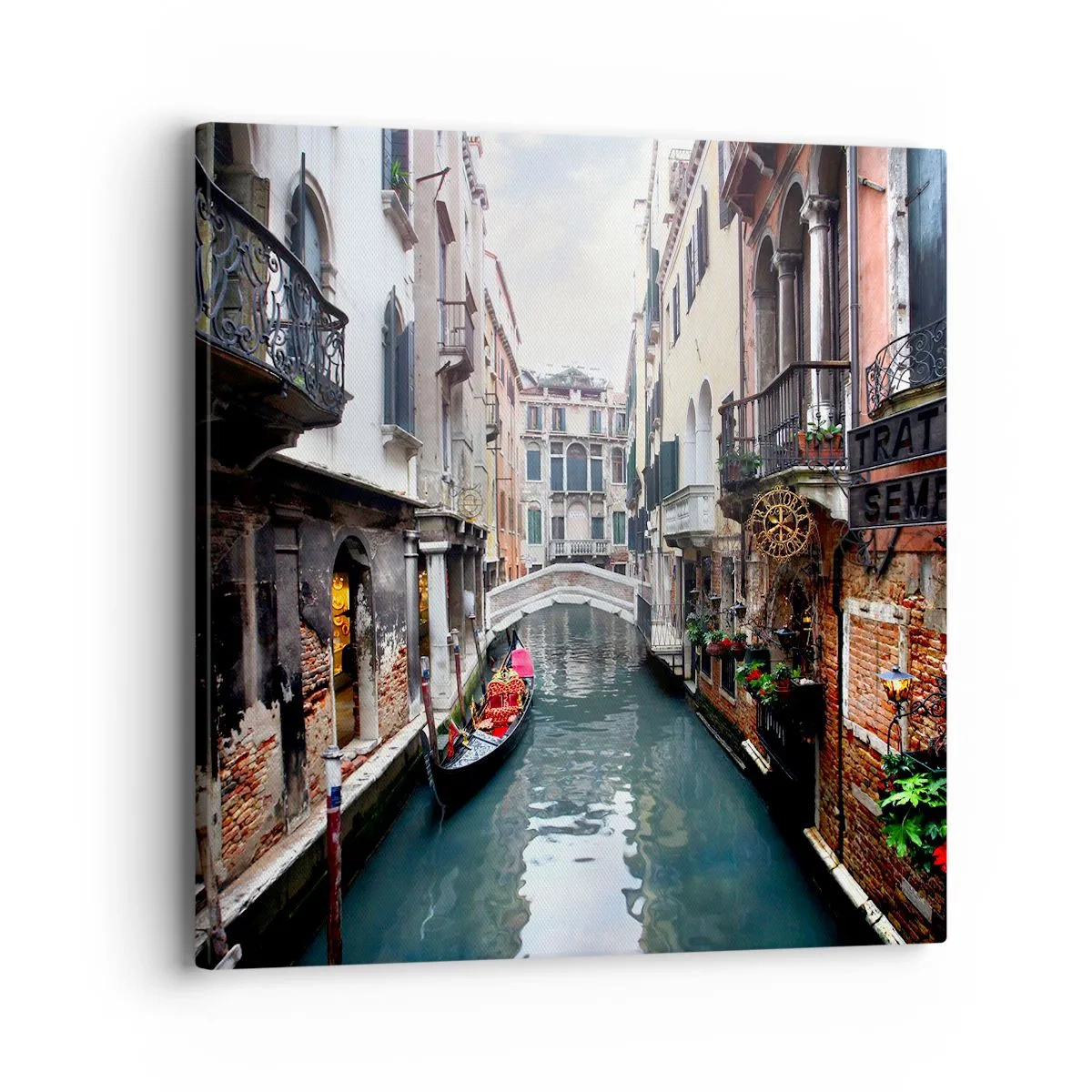 Cuadro sobre lienzo - Impresión de Imagen - Paisaje veneciano con góndola y puente - 40x40 cm