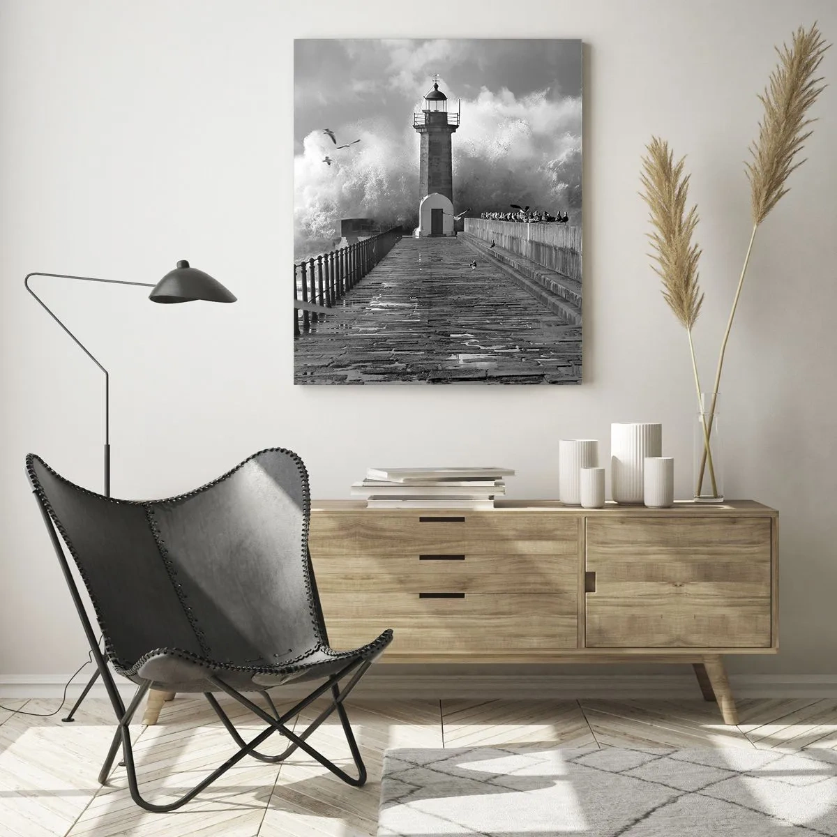Cuadro sobre vidrio - Impresiones sobre Vidrio - Un faro rodeado de olas durante una tormenta. - 80x120cm - Audaz - Decoración de pared moderna para salón y dormitorio ARTTOR