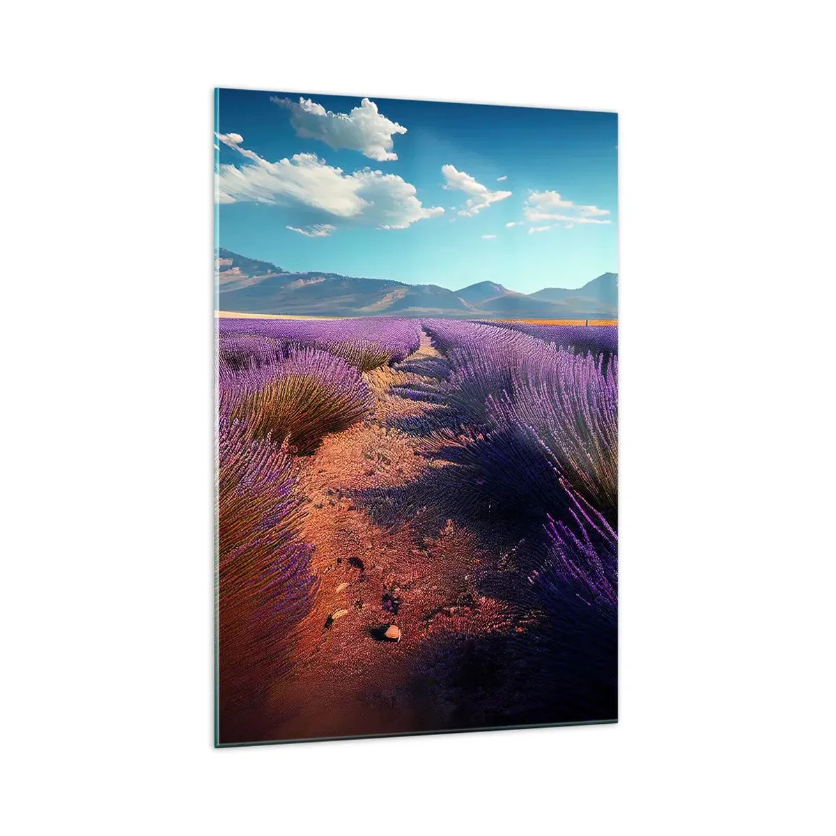 Cuadro sobre vidrio - Impresiones sobre Vidrio - Un campo de lavanda con vistas a las montañas y al cielo azul. - 70x100cm - Campos fragantes - Decoración de pared moderna para salón y dormitorio ARTTOR