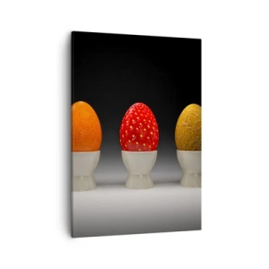 Cuadro sobre lienzo - Impresión de Imagen - Huevos coloridos que se asemejan a frutas sobre un fondo oscuro. - 50x70cm - Desayuno de frutas - Decoración de pared moderna para salón y dormitorio ARTTOR