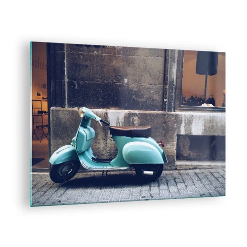 Cuadro sobre vidrio - Impresiones sobre Vidrio - Un scooter azul contra la pared de un edificio. - 70x50cm - Momentos inolvidables - Decoración de pared moderna para salón y dormitorio ARTTOR