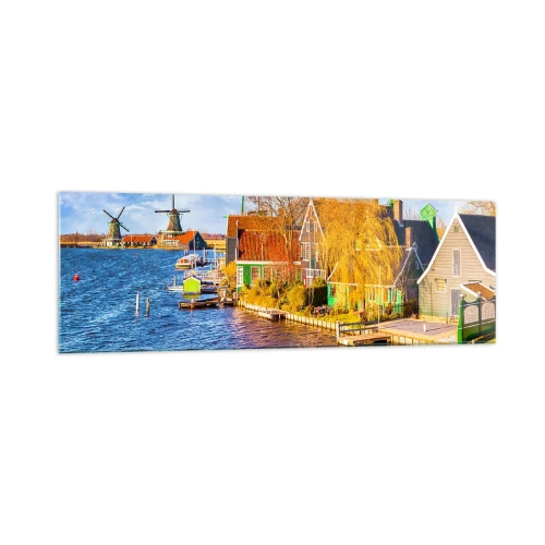 Cuadro sobre vidrio - Impresiones sobre Vidrio - Casas pintorescas y molinos de viento junto al agua - 160x50cm - Durante siglos, sin cambios - Decoración de pared moderna para salón y dormitorio ARTTOR