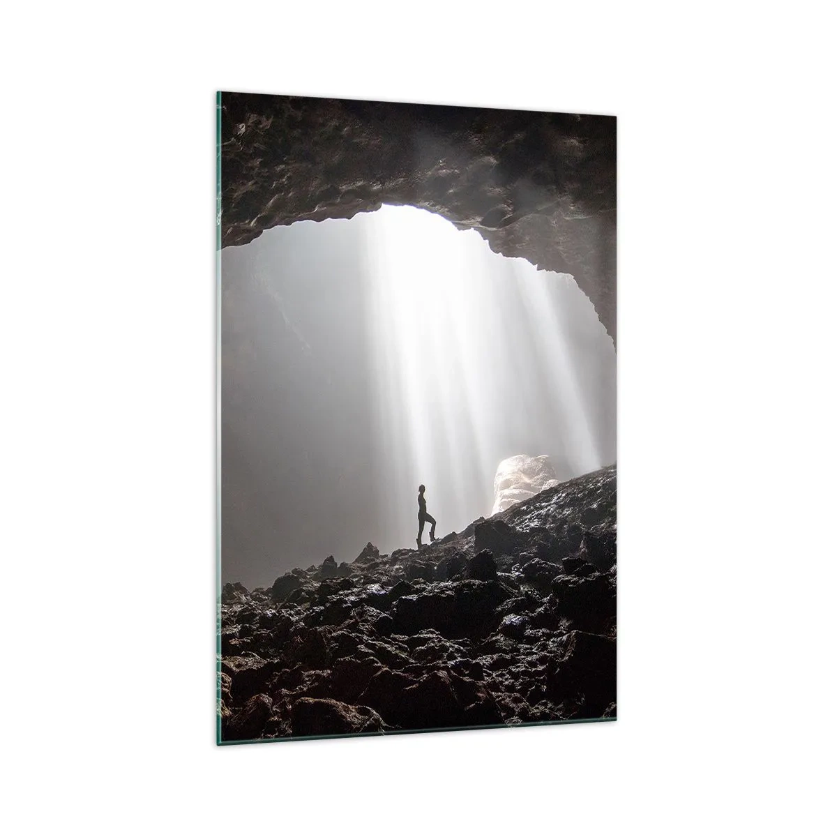 Cuadro sobre vidrio - Impresiones sobre Vidrio - Una figura en una cueva iluminada por rayos de luz. - 70x100cm - Gruta luminosa - Decoración de pared moderna para salón y dormitorio ARTTOR