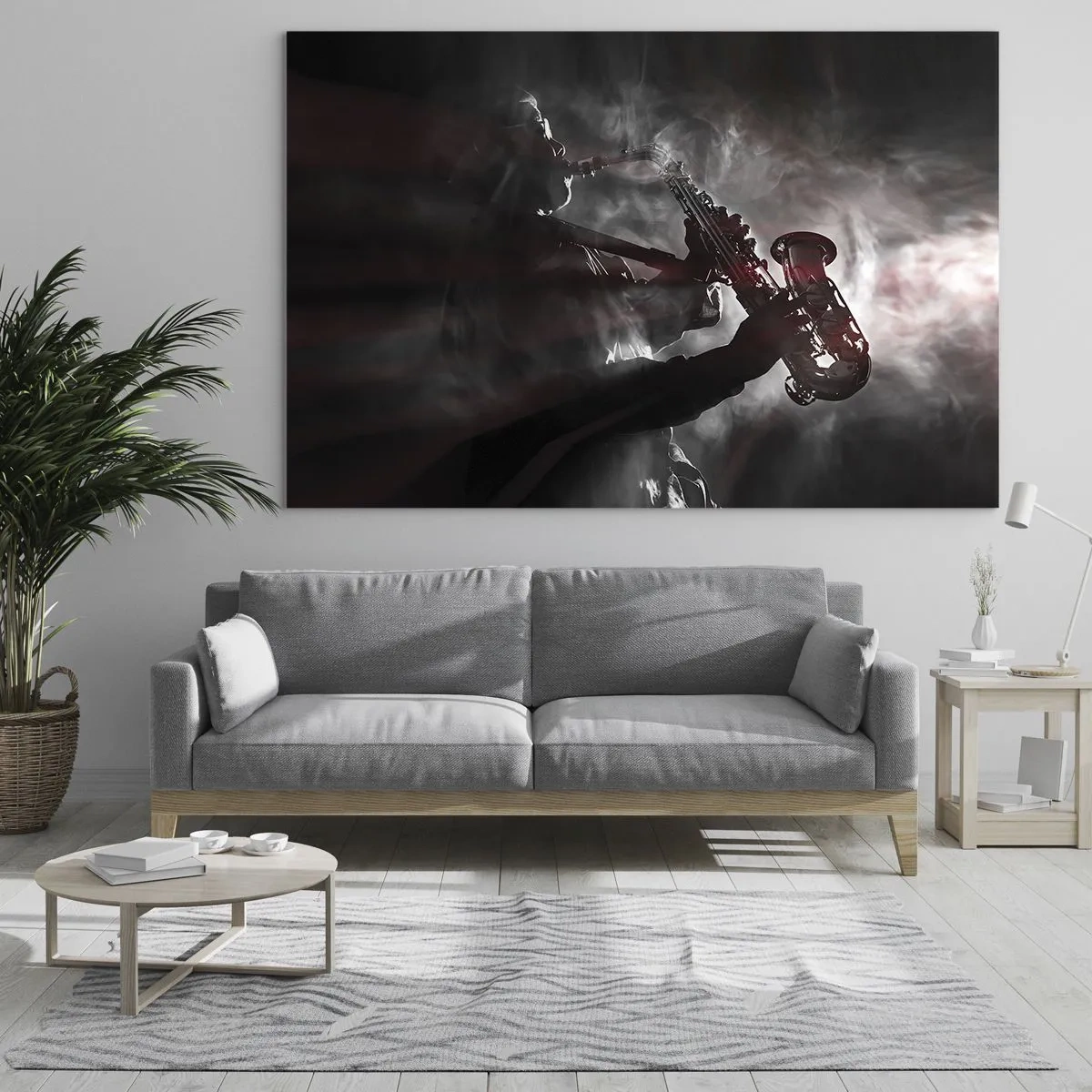 Cuadro sobre vidrio - Impresiones sobre Vidrio - Saxofonista en una nube de humo en blanco y negro - 120x80cm - En el vapor del jazz - Decoración de pared moderna para salón y dormitorio ARTTOR