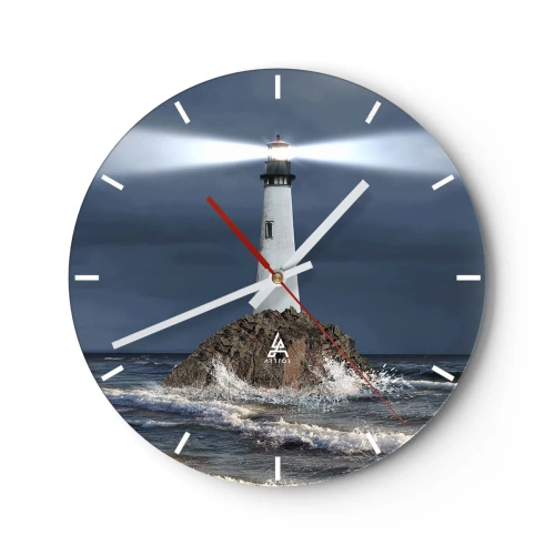 Reloj de pared - Reloj de vidrio - Un faro sobre una roca rodeado de fuertes olas. - 30x30cm - ¡Aquí... aquí... aquí! - Decoración de pared moderna para salón, cocina y dormitorio ARTTOR