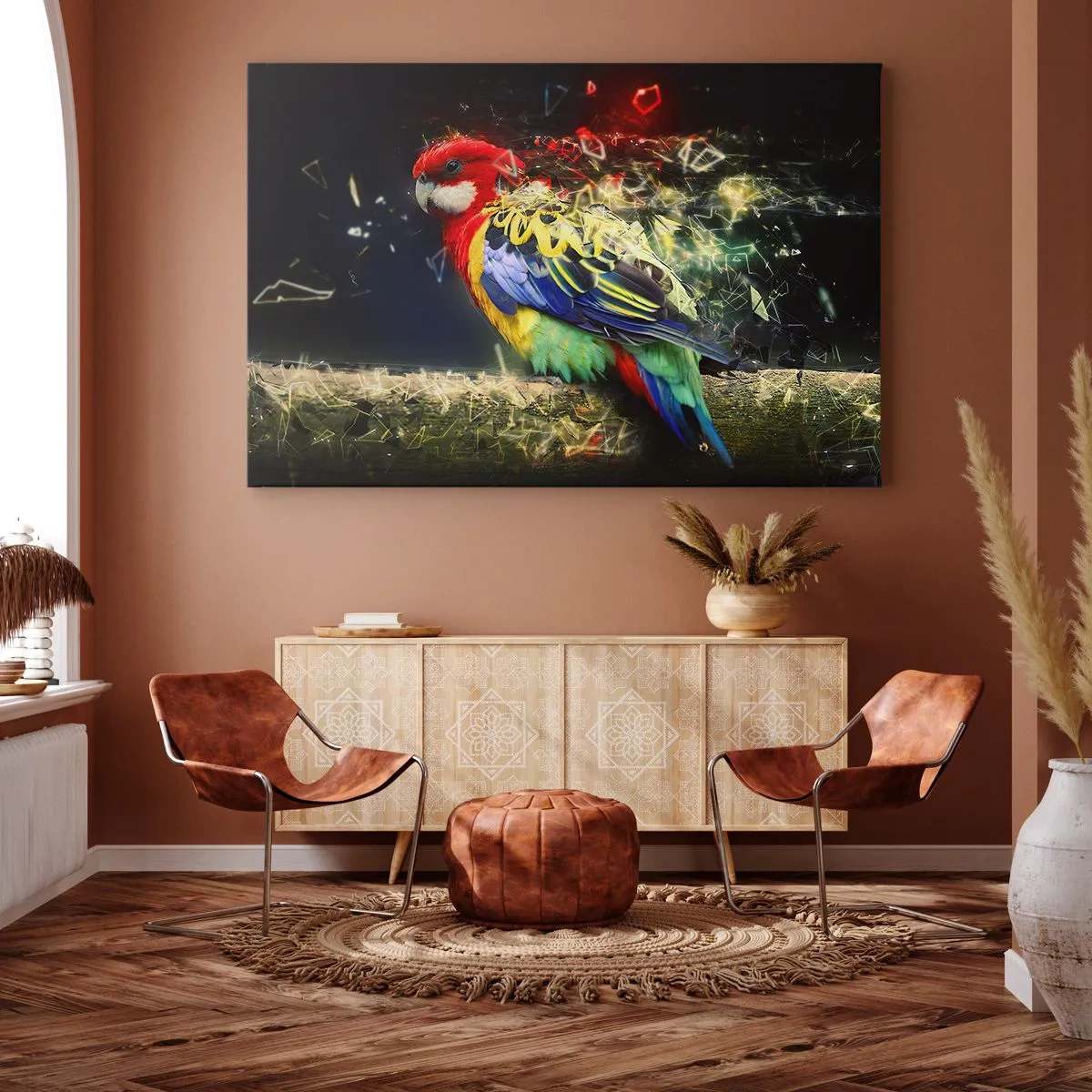 Cuadro sobre lienzo - Impresión de Imagen - Un loro en colores vivos sobre un fondo de efectos de luz. - 70x50cm - Un mensajero del glamour - Decoración de pared moderna para salón y dormitorio ARTTOR