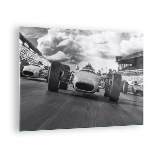 Cuadro sobre vidrio - Impresiones sobre Vidrio - Carrera de coches clásicos en una pista en blanco y negro - 70x50cm - ¡Hay poder! - Decoración de pared moderna para salón y dormitorio ARTTOR