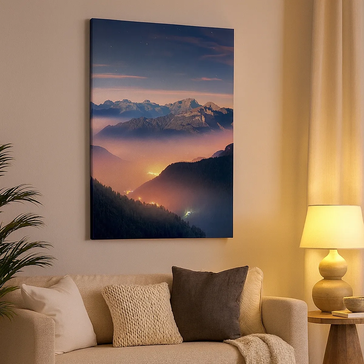 Cuadro sobre lienzo - Impresión de Imagen - Un paisaje de montaña con un valle lleno de niebla. - 50x70cm - Luz en los valles - Decoración de pared moderna para salón y dormitorio ARTTOR