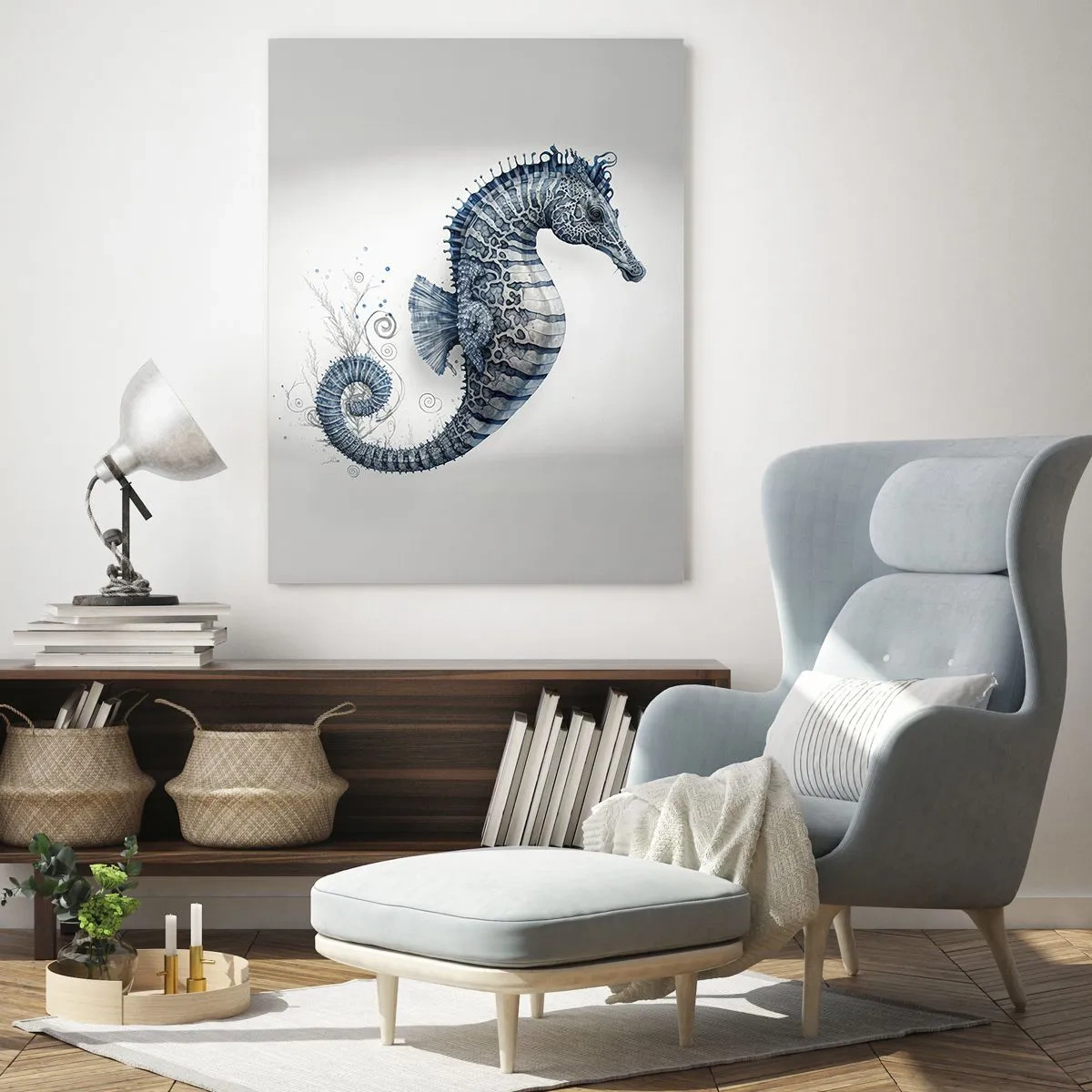 Cuadro sobre vidrio - Impresiones sobre Vidrio - Caballito de mar en tonos azules con detalles de acuarela - 80x120cm - Una sutil broma de la naturaleza - Decoración de pared moderna para salón y dormitorio ARTTOR