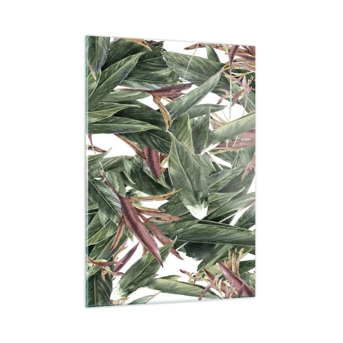 Cuadro sobre vidrio - Impresiones sobre Vidrio - Hojas en tonos verdes y burdeos sobre un fondo claro. - 50x70cm - Naturaleza esmeralda y lila - Decoración de pared moderna para salón y dormitorio ARTTOR