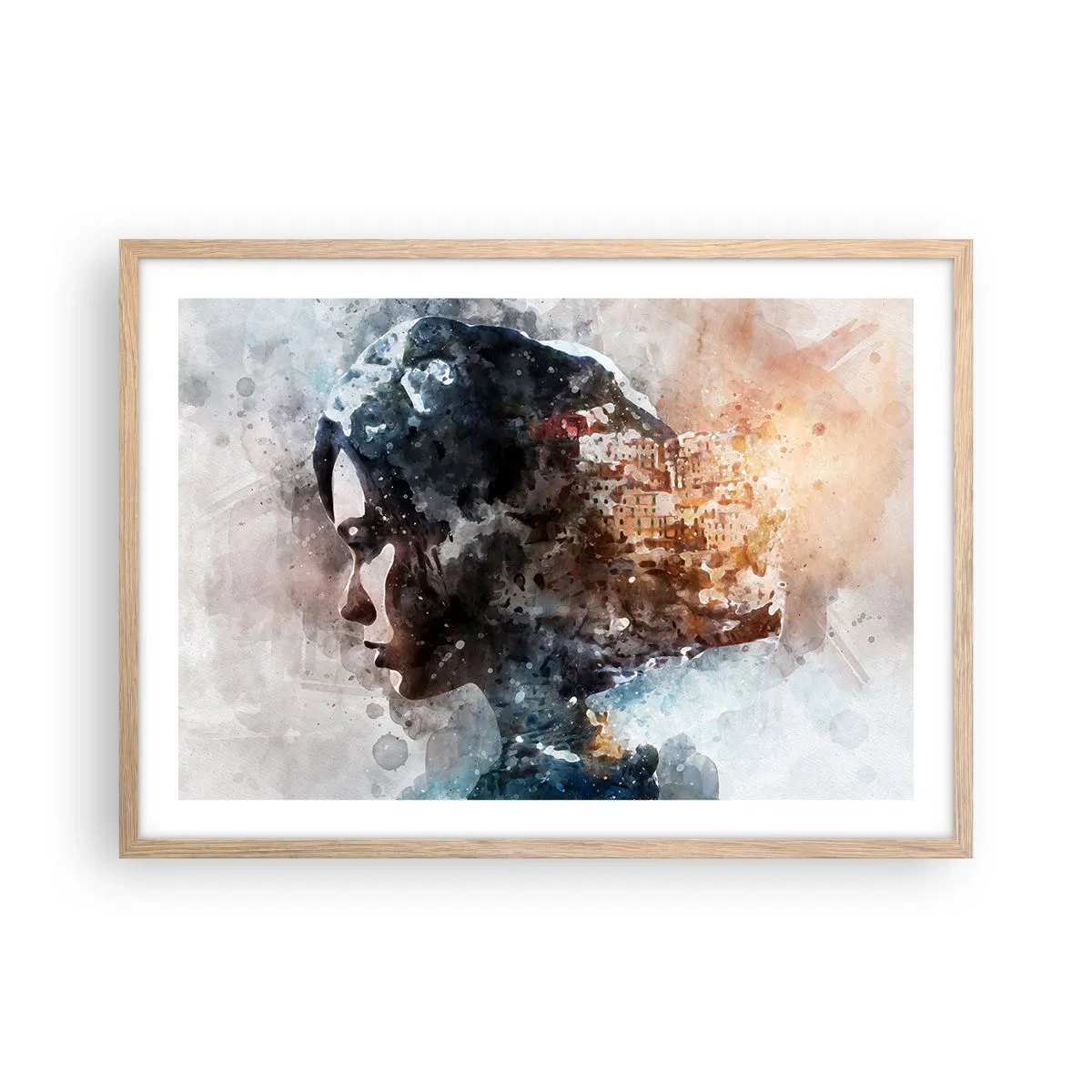 Póster en marco roble claro - Una historia sobre una niña con una ciudad de fondo - 70x50 cm