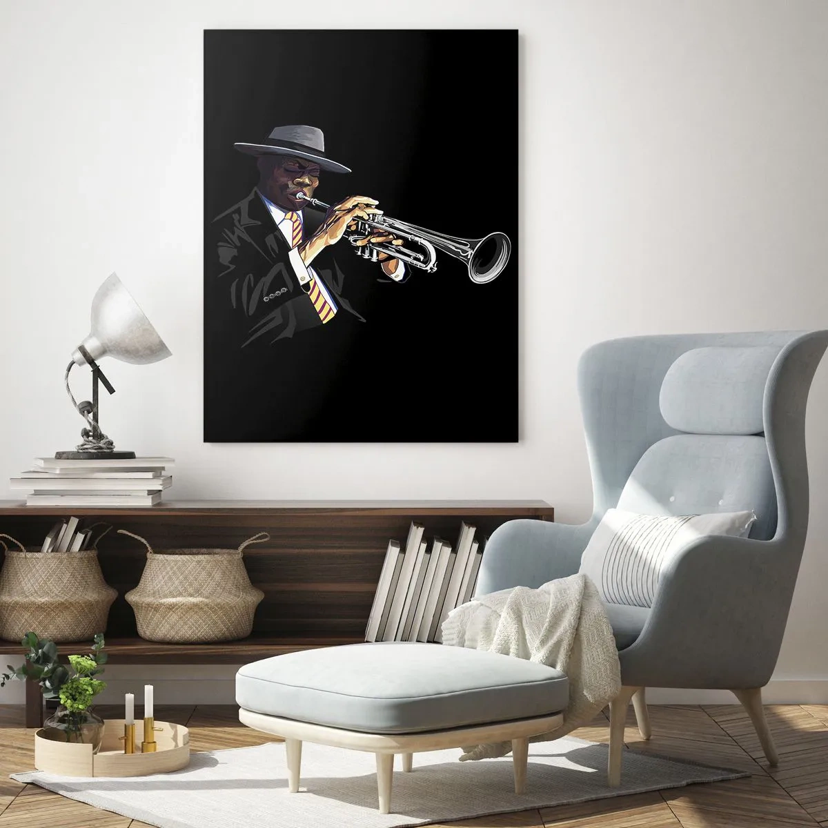 Cuadro sobre vidrio - Impresiones sobre Vidrio - Un músico negro con una trompeta y un sombrero sobre un fondo negro. - 50x70cm - El encanto de la vieja escuela - Decoración de pared moderna para salón y dormitorio ARTTOR
