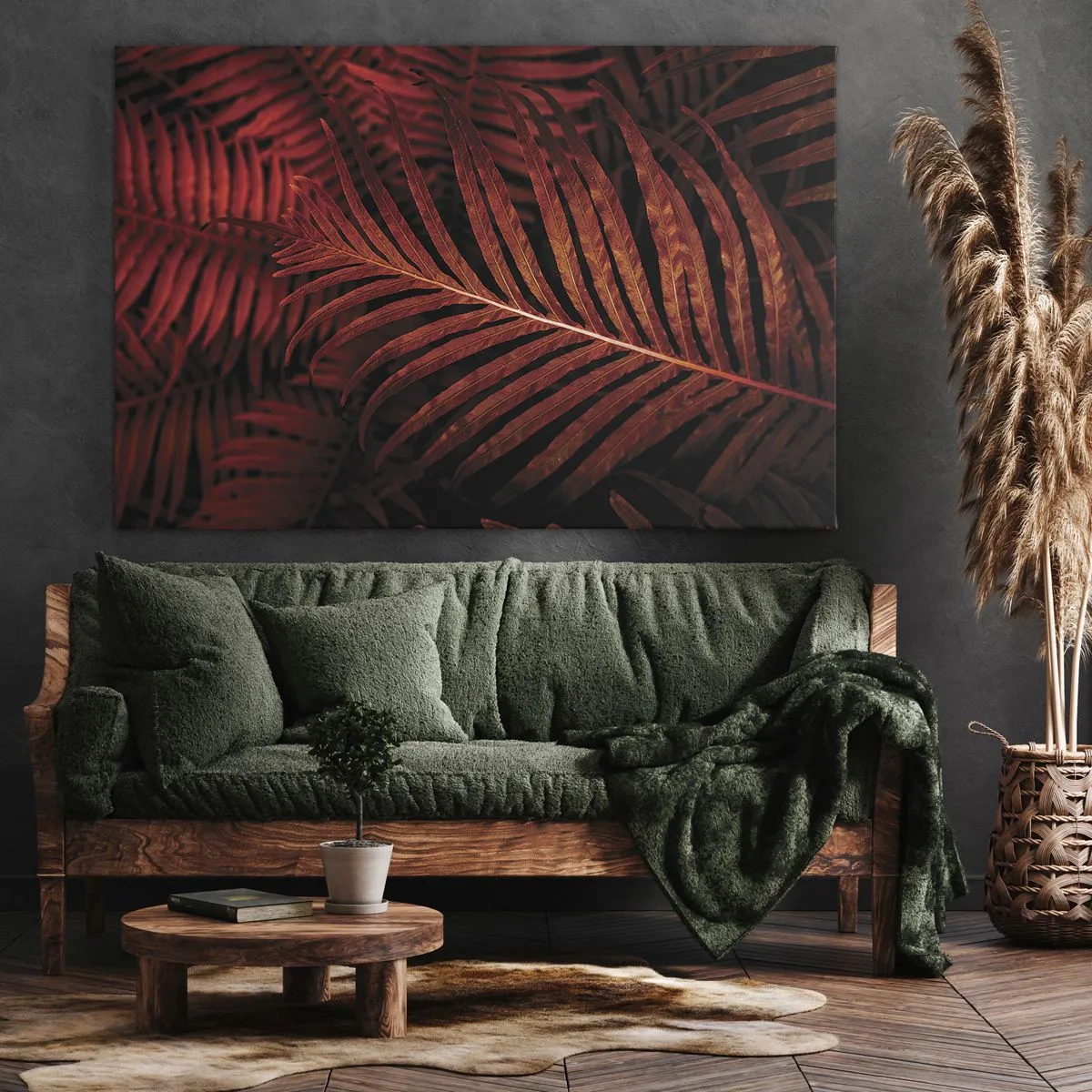 Cuadro sobre lienzo - Impresión de Imagen - Primer plano de hojas tropicales rojas - 70x50cm - Las brasas de la vida - Decoración de pared moderna para salón y dormitorio ARTTOR