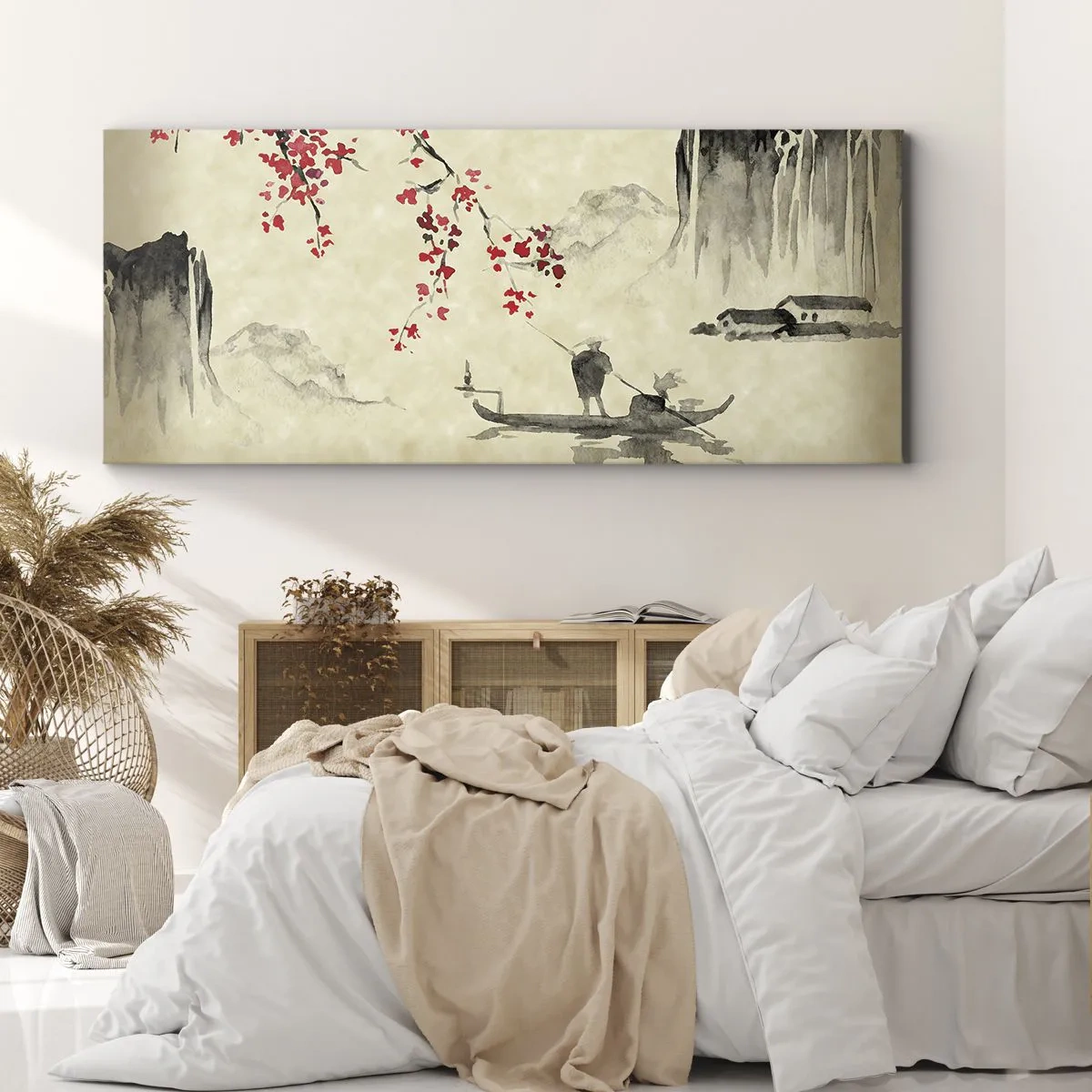 Cuadro sobre lienzo - Impresión de Imagen - Ilustración oriental con un barco y una rama floreciente. - 160x50cm - En el país de los cerezos en flor - Decoración de pared moderna para salón y dormitorio ARTTOR