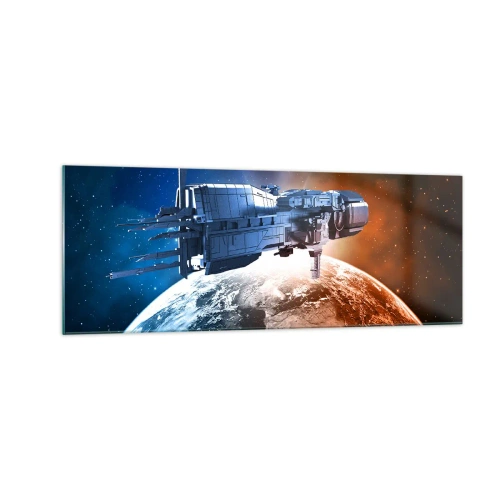 Cuadro sobre vidrio - Impresiones sobre Vidrio - Una nave espacial con un planeta en el espacio como telón de fondo. - 140x50cm - Un observador atento - Decoración de pared moderna para salón y dormitorio ARTTOR