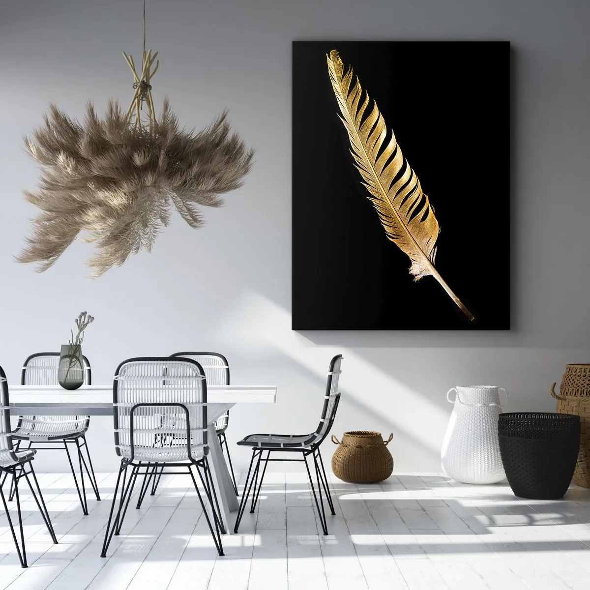Cuadro sobre lienzo - Impresión de Imagen - Pluma dorada sobre fondo negro - 50x70cm - Pluma de alta calidad - Decoración de pared moderna para salón y dormitorio ARTTOR
