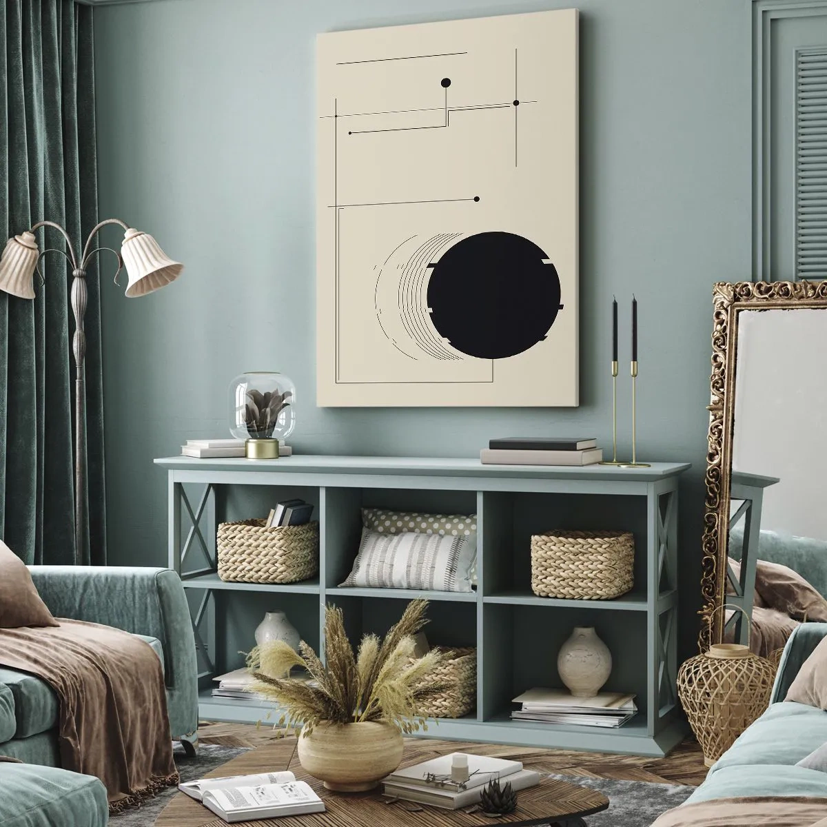 Cuadro sobre lienzo - Impresión de Imagen - Líneas geométricas negras y un círculo sobre un fondo beige. - 50x70cm - Composición elástica y dinámica - Decoración de pared moderna para salón y dormitorio ARTTOR
