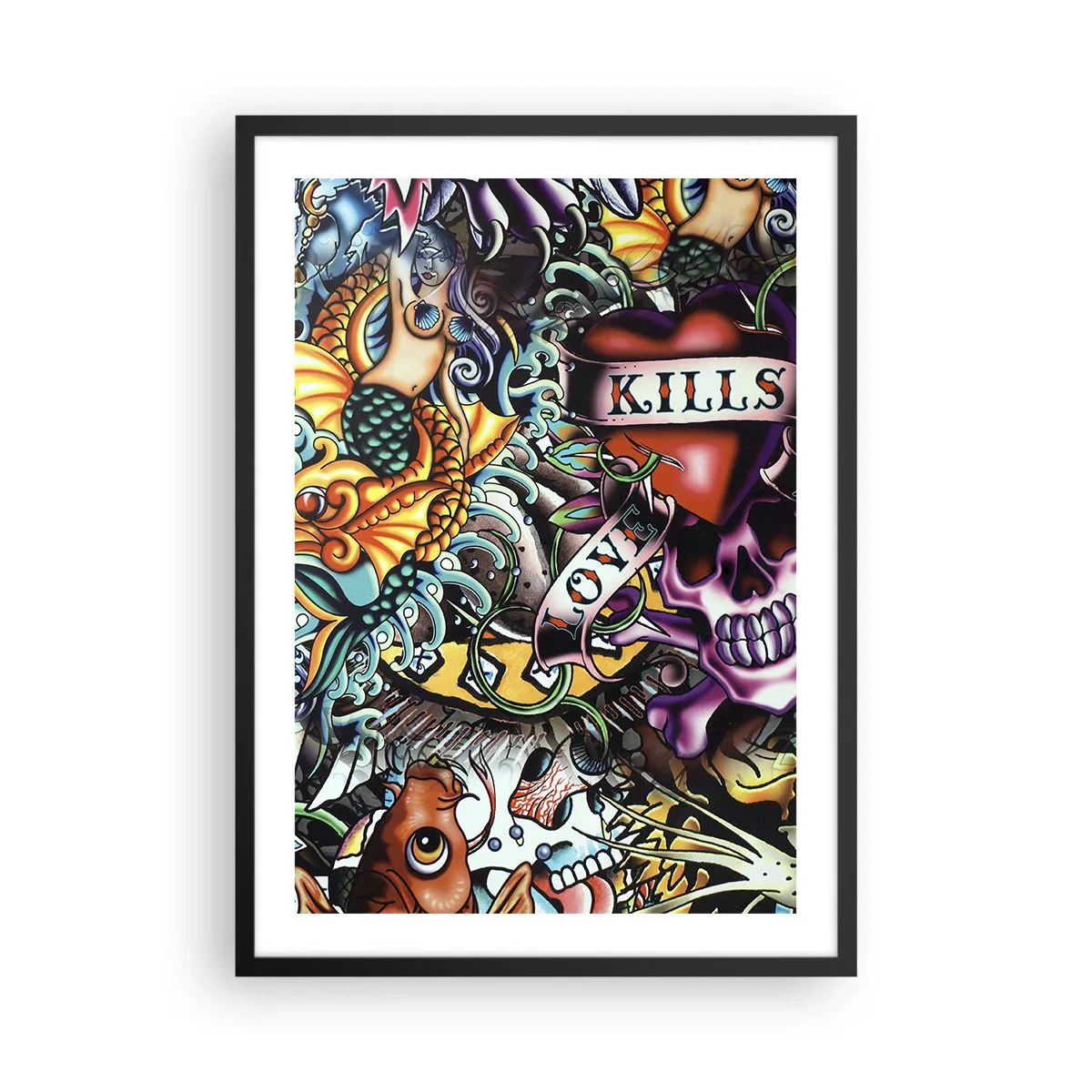 Póster en marco negro - Tatuaje abstracto con calavera, corazón e inscripción. - 50x70cm - El sueño de un tatuador - Decoración de pared moderna para salón y dormitorio ARTTOR