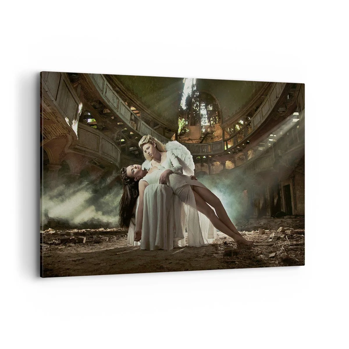 Cuadro sobre lienzo - Impresión de Imagen - Dos figuras en ruinas con un juego de luces. - 120x80cm - El espíritu del viejo teatro - Decoración de pared moderna para salón y dormitorio ARTTOR