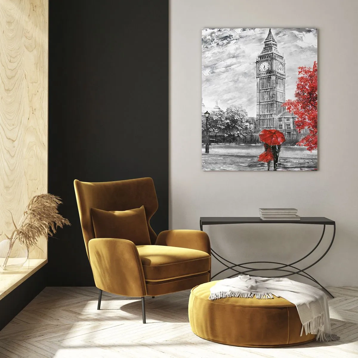 Cuadro sobre vidrio - Impresiones sobre Vidrio - El Big Ben con un autobús rojo y un paraguas sobre un fondo de árboles otoñales - 50x70cm - Un día emocionante - Decoración de pared moderna para salón y dormitorio ARTTOR
