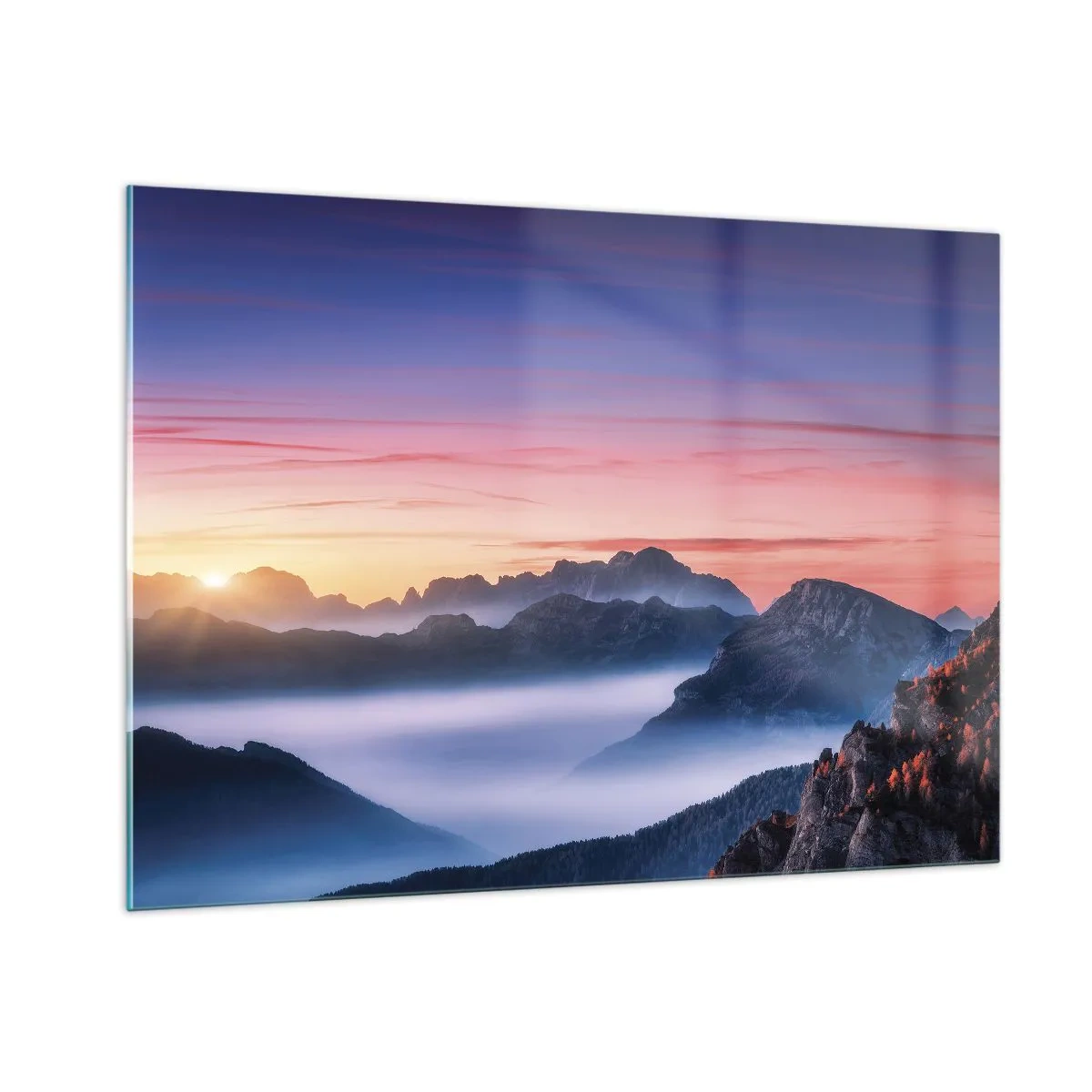 Cuadro sobre vidrio - Impresiones sobre Vidrio - Un pintoresco amanecer sobre el paisaje montañoso. - 100x70cm - Sobre los valles - Decoración de pared moderna para salón y dormitorio ARTTOR